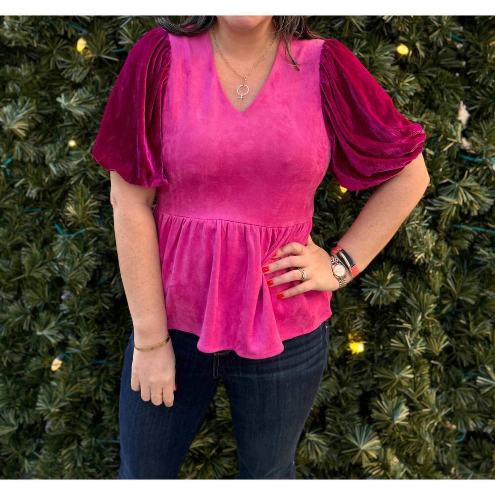 NEW VOY deep v puff sleeve peplum top in pink